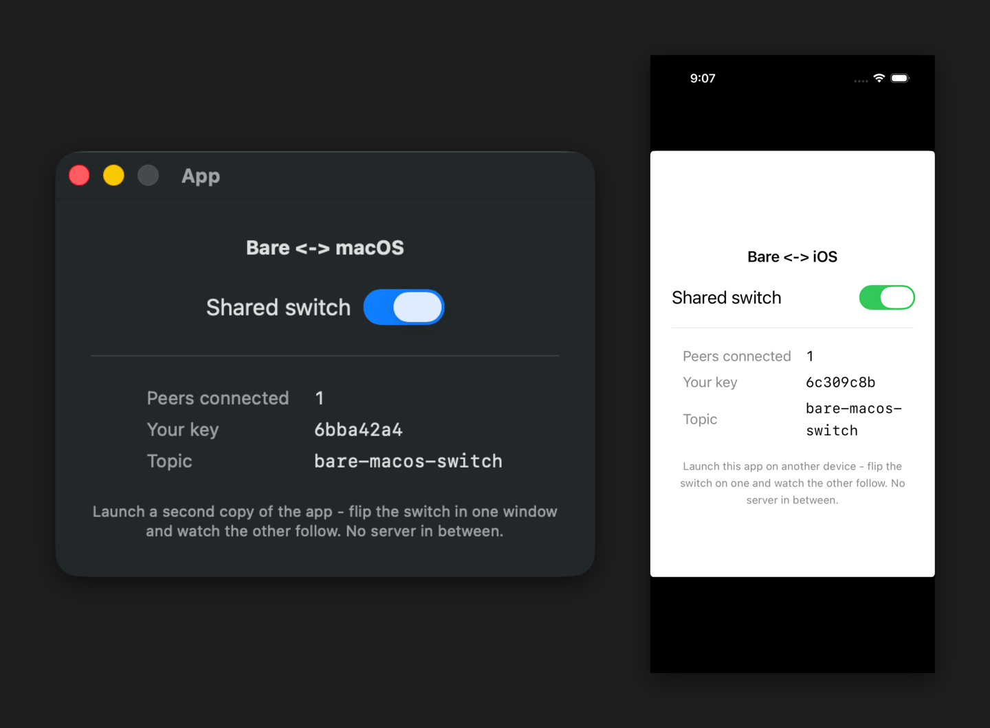 The same switch, on in a macOS app and an iOS app side by side